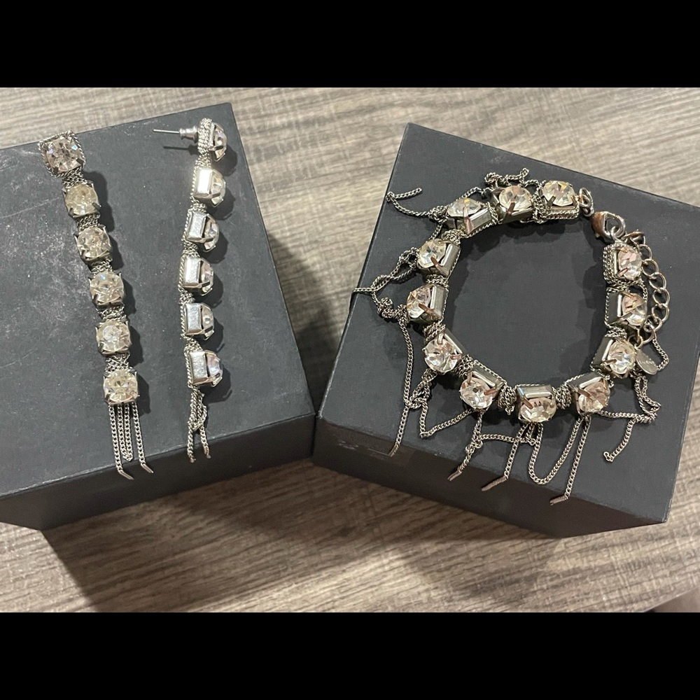 Cache Silver chain and Clear gem drop earrings and matching bracelet